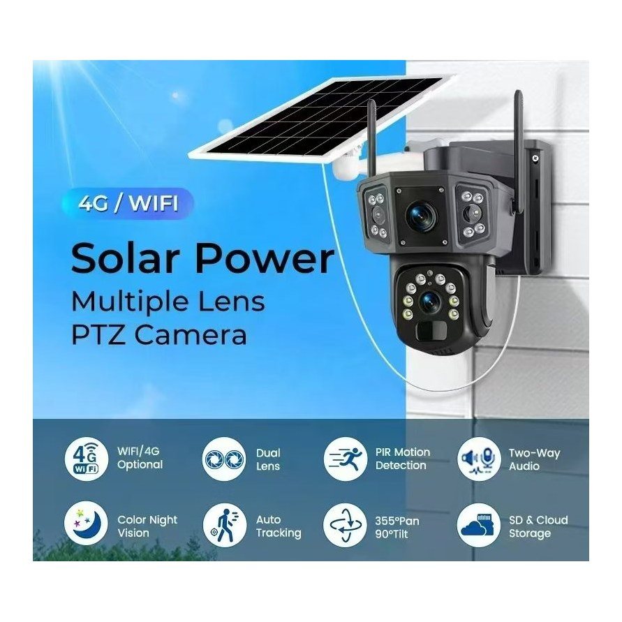 Camara de Seguridad V380 PRO Cuatro Lentes y 2 Antenas con Panel Solar