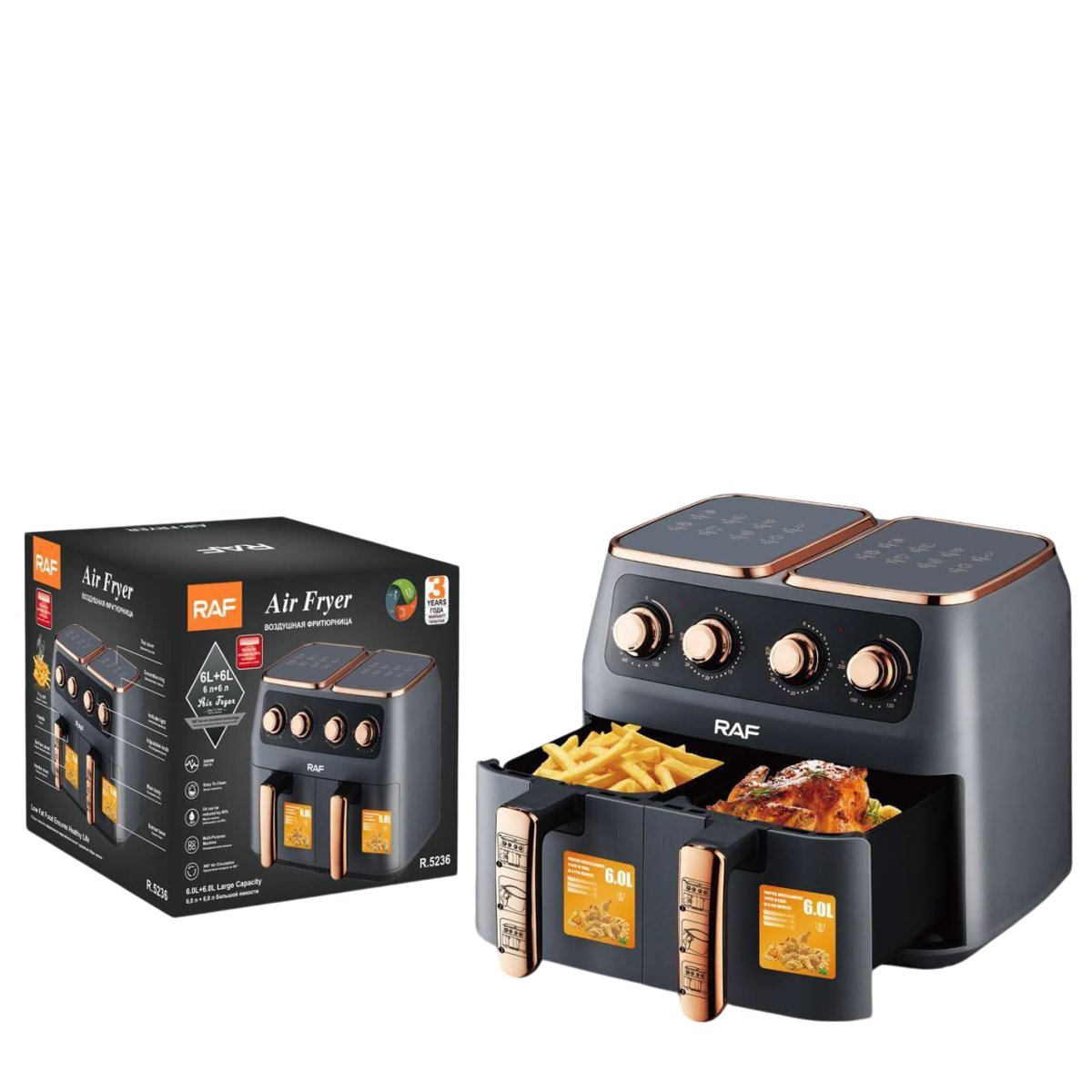 Freidora de Aire Doble Negra con Detalles Dorados 3,5 + 3,5L de 1800W RAF
