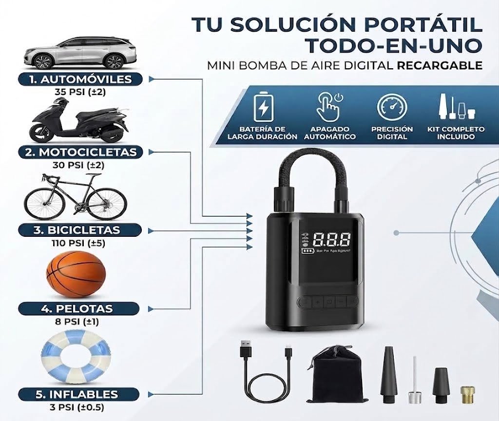 Bomba de Aire Portátil de 60W con Cable y 4 Boquillas
