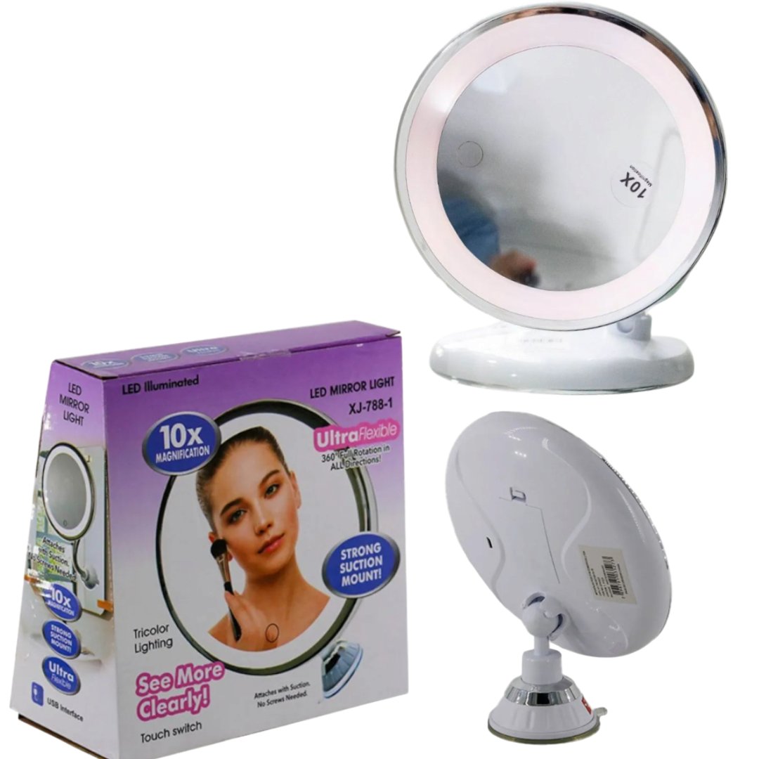 Espejo USB con Luz LED (3 Colores), Batería Magnificación de Imagen X10, Cuerpo Flexible Rotacion 360º Base de Succion Fuerte
