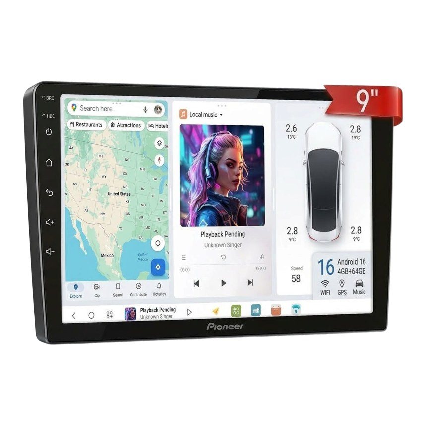 Pantalla Android 16 de 9" Pioneer AHD DSP IPS Display, 4G+64G ROM (real), 6580 PROFILE_x000B_INCLUYE KIT de Instalacion,